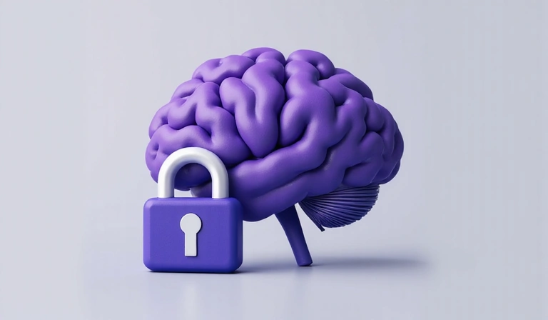 Abstract representation of intellectual property rights, with a stylized brain and padlock icon